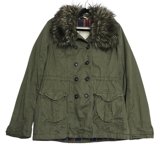 Hollister Army Green Removable Fur Trim Button Up Utility Jacket Coat Women Sz L - Picture 1 of 16